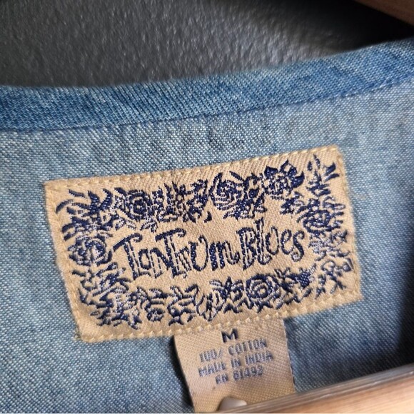 Vintage Tantrum Blues Earthy Foliage Flower Embroidered Denim Vest M Cotton - Picture 3 of 7